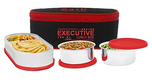 Zaib Executive Insulated Lunch Box for Office Men & Women (2 Stainless Steel Container, 280 ml Each; 1 Microwave Safe Container, 450 ml) (Red Executive)