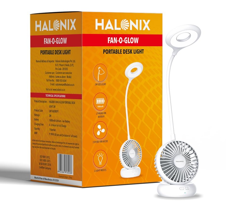 Halonix Polycarbonate Fan-O-Glow Portable Led Desk Light | Study Lamp with Fan | 3 Light Modes | 3 Speed Fan Modes | Rechargeable Study Lamp | Emergency Light |, White