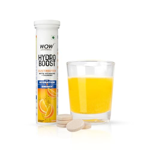 WOW Life Science Hydroboost Electrolytes Low Sugar Energy Drink For Instant Hydration - 20 Effervescent Tablets (6 Litres) With 5 Essential Electrolytes + Vitamins (B6, B12, C & D) | Orange Flavour