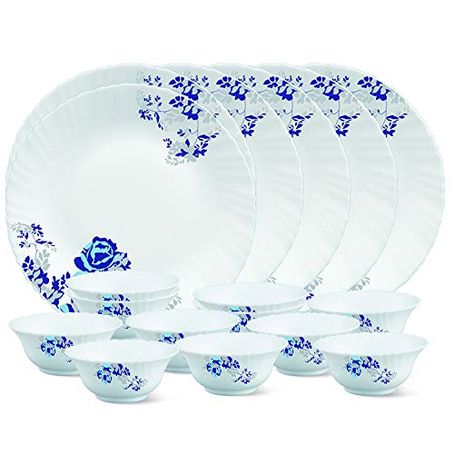 Larah by Borosil Glass Blue CascadeThali Set (White) - 18 Pieces