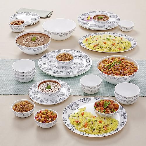 Larah By Borosil Moon Moonbeam Dinner Set - 36 Pcs, Opal Glass Dinner Plates & Bowls Crockery Set for Dinning, White